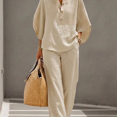 Cora | Cotton Linen Set with Batwing Sleeves – Sand