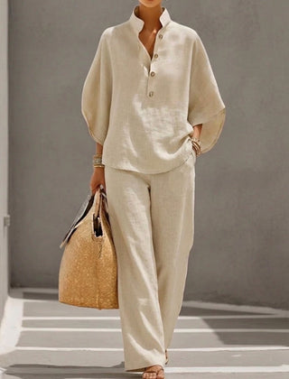 Cora | Cotton Linen Set with Batwing Sleeves – Sand