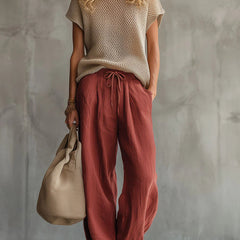 Thora | Knitted Top and Linen Trouser Set – Red