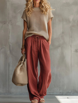 Thora | Knitted Top and Linen Trouser Set – Red