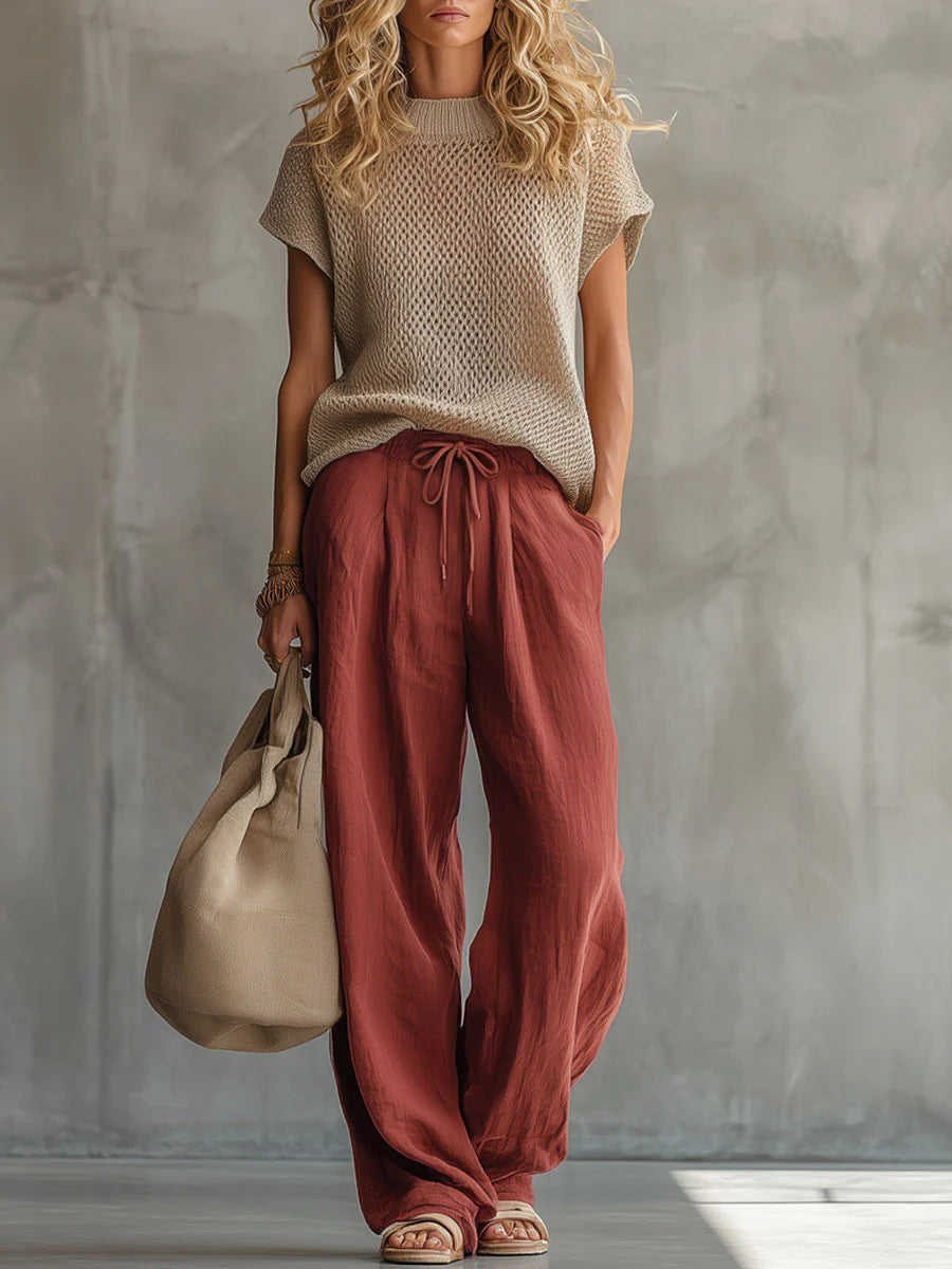 Thora | Knitted Top and Linen Trouser Set – Red