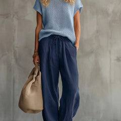 Thora | Knitted Top and Linen Trouser Set – Navy