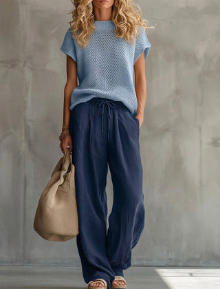 Thora | Knitted Top and Linen Trouser Set – Navy