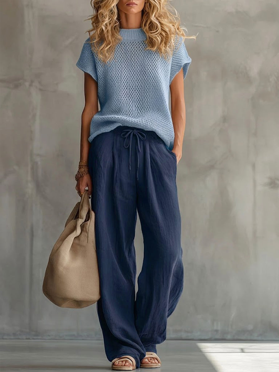 Thora | Knitted Top and Linen Trouser Set – Navy