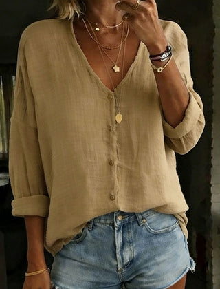 Imogen | Cotton Linen Long Sleeve Shirt – Khaki