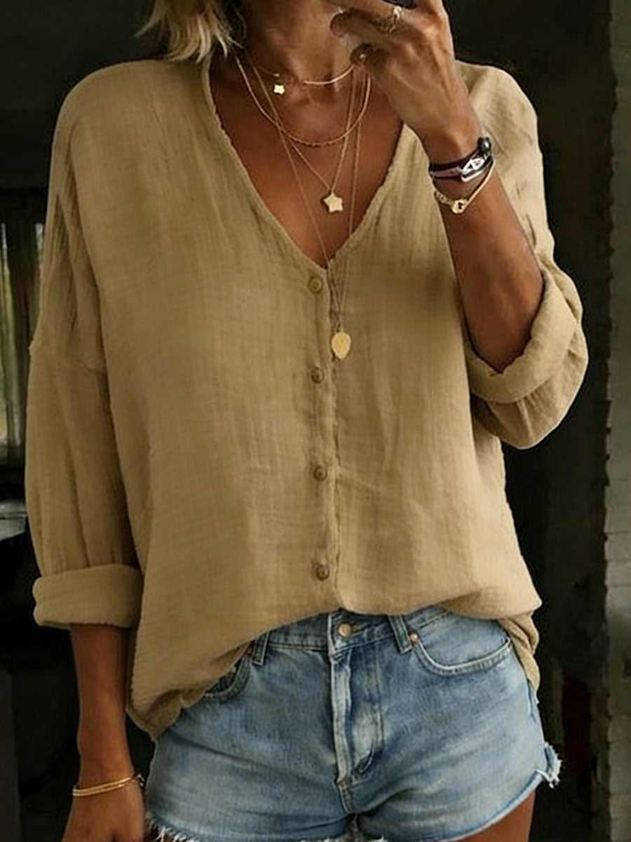 Imogen | Cotton Linen Long Sleeve Shirt – Khaki