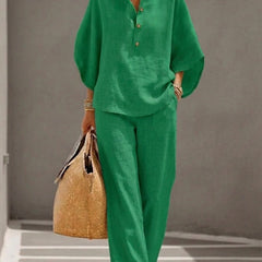 Cora | Cotton Linen Set with Batwing Sleeves – Green