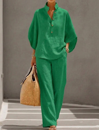 Cora | Cotton Linen Set with Batwing Sleeves – Green