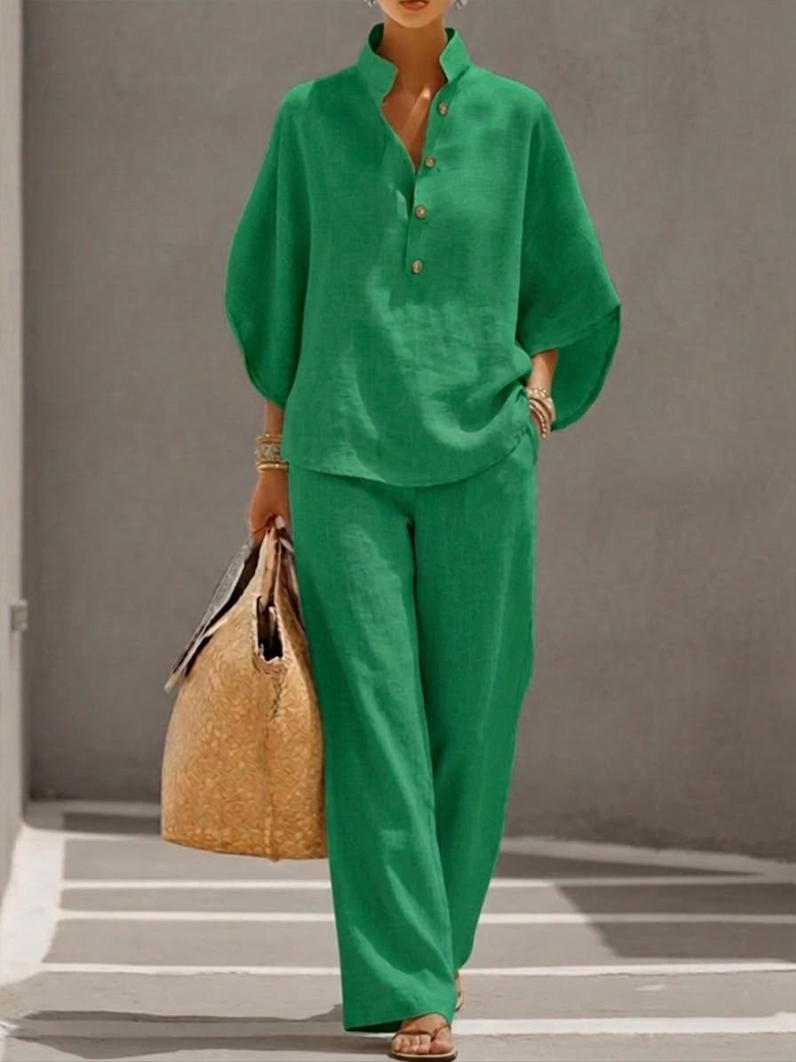 Cora | Cotton Linen Set with Batwing Sleeves – Green