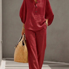 Cora | Cotton Linen Set with Batwing Sleeves – Red