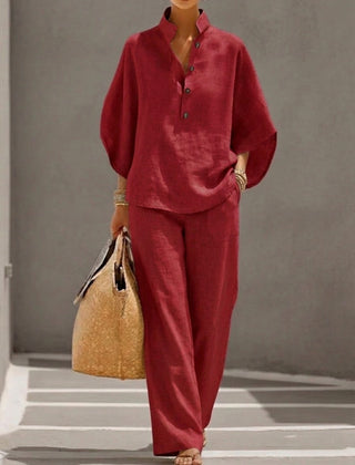 Cora | Cotton Linen Set with Batwing Sleeves – Red
