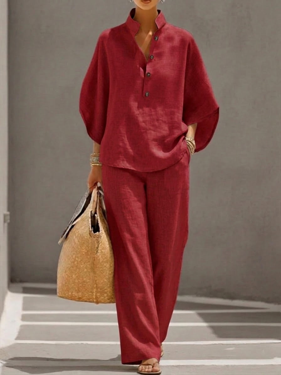 Cora | Cotton Linen Set with Batwing Sleeves – Red