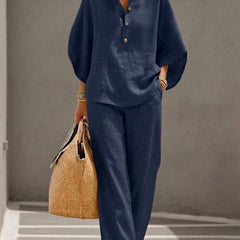 Cora | Cotton Linen Set with Batwing Sleeves – Navy