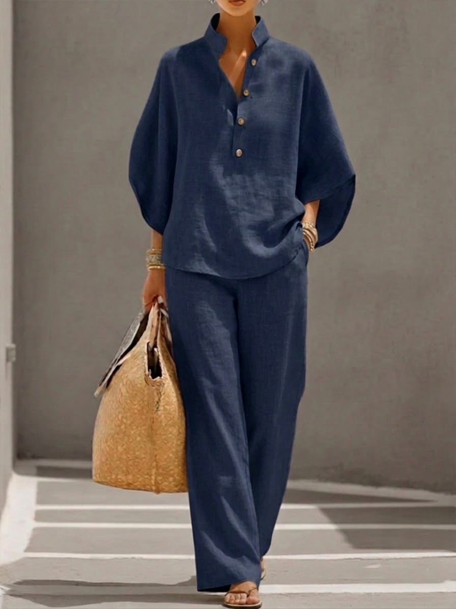 Cora | Cotton Linen Set with Batwing Sleeves – Navy