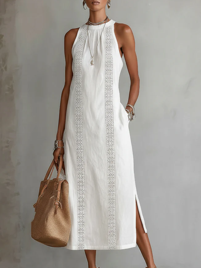 Melora | Linen Midi Dress with Mandarin Collar – White