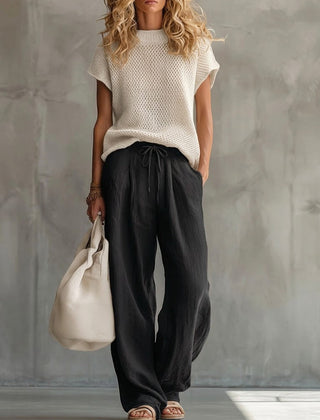 Thora | Knitted Top and Linen Trouser Set – Black