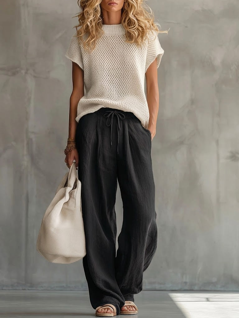 Thora | Knitted Top and Linen Trouser Set – Black