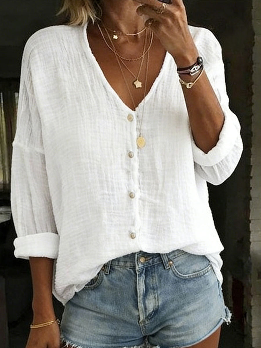 Imogen | Cotton Linen Long Sleeve Shirt – White