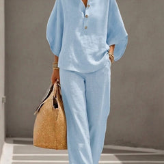 Cora | Cotton Linen Set with Batwing Sleeves – Light Blue