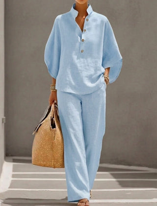 Cora | Cotton Linen Set with Batwing Sleeves – Light Blue