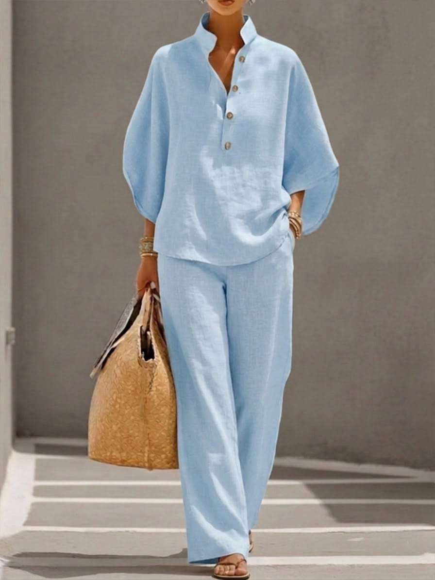 Cora | Cotton Linen Set with Batwing Sleeves – Light Blue