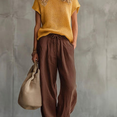 Thora | Knitted Top and Linen Trouser Set – Coffee