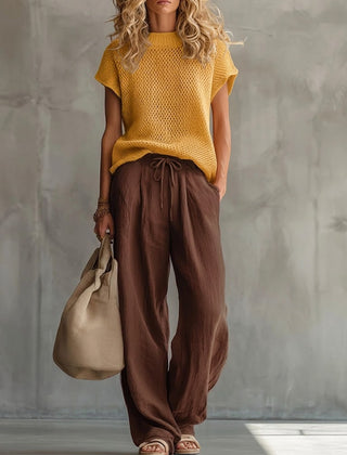 Thora | Knitted Top and Linen Trouser Set – Coffee