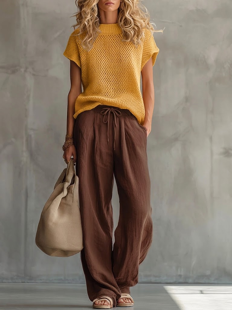 Thora | Knitted Top and Linen Trouser Set – Coffee