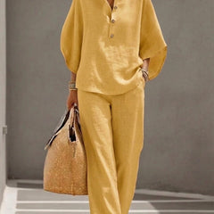 Cora | Cotton Linen Set with Batwing Sleeves – Yellow
