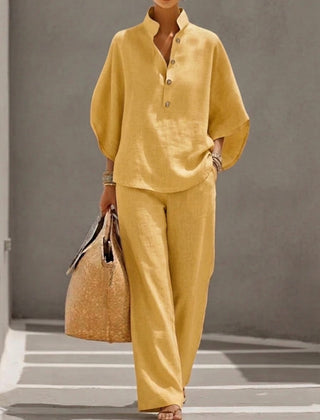 Cora | Cotton Linen Set with Batwing Sleeves – Yellow