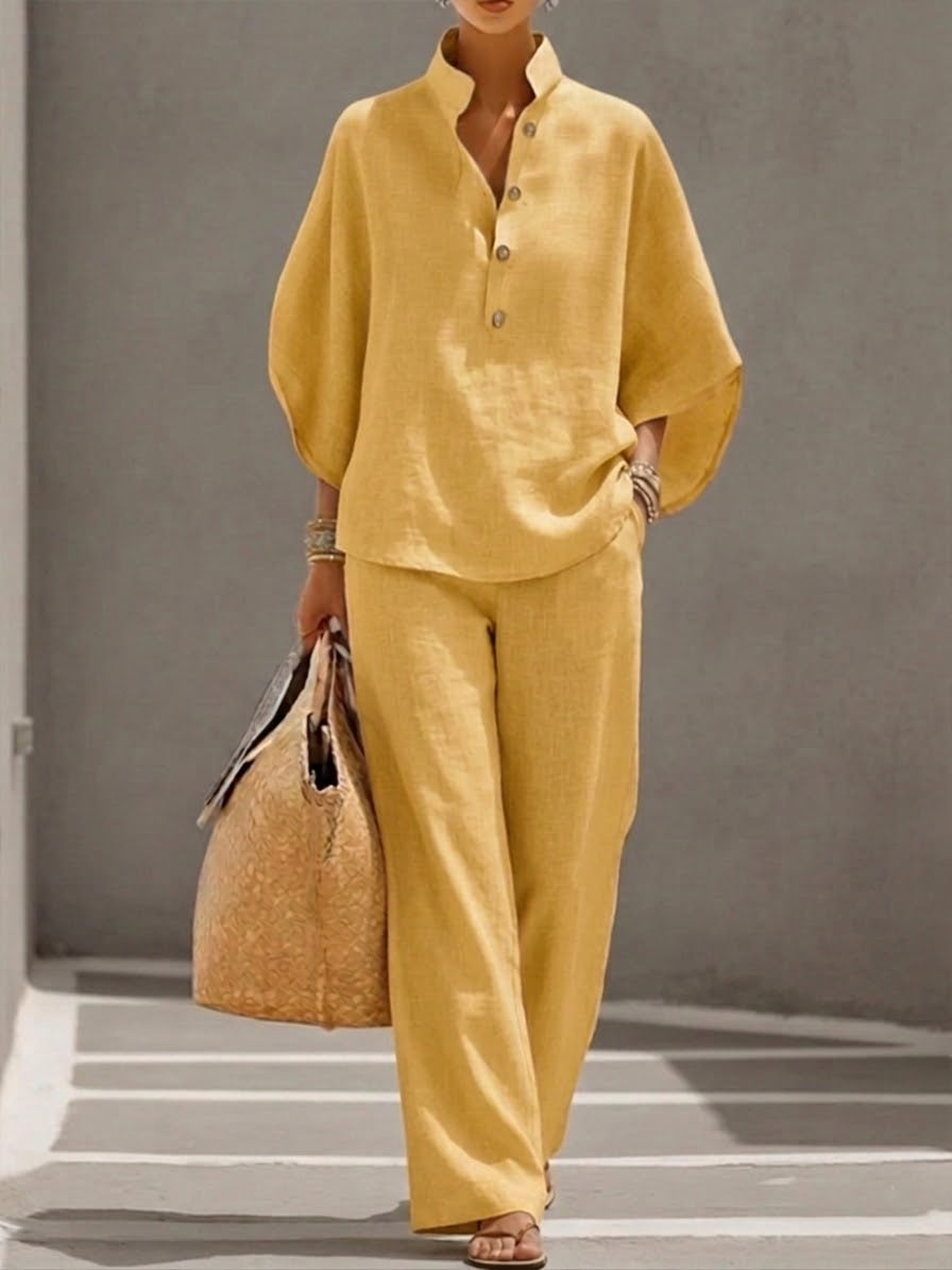 Cora | Cotton Linen Set with Batwing Sleeves – Yellow