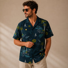 Elio | Tropical Hawaiian Shirt with Coconut Print – Dark Teal