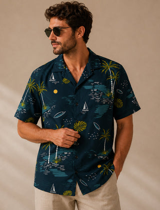 Elio | Tropical Hawaiian Shirt with Coconut Print – Dark Teal