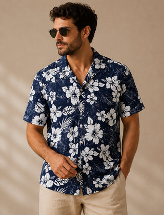 Elio | Tropical Hawaiian Shirt with Coconut Print – Navy