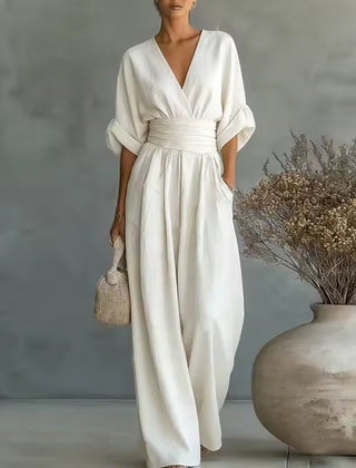 Severine | Women's Deep V-Neck Wide Leg Jumpsuit with Pockets – White