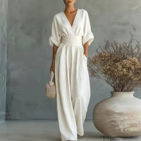Severine | Women's Deep V-Neck Wide Leg Jumpsuit with Pockets