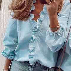 Marigold | Flutter Sleeve Ruffle Blouse – Blue