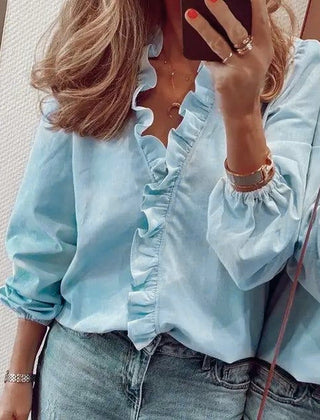 Marigold | Flutter Sleeve Ruffle Blouse – Blue