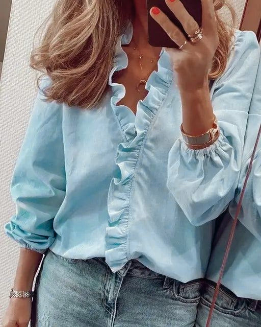 Marigold | Flutter Sleeve Ruffle Blouse – Blue