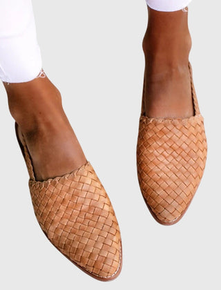 Joss | Woven Leather Flat Slip-On Sandals – Light Brown