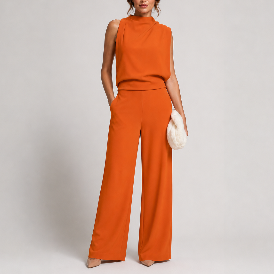 Rosalba | Sleeveless High Neck Jumpsuit with Wide Legs – Orange