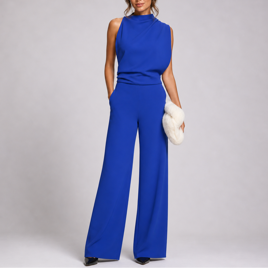 Rosalba | Sleeveless High Neck Jumpsuit with Wide Legs – Blue