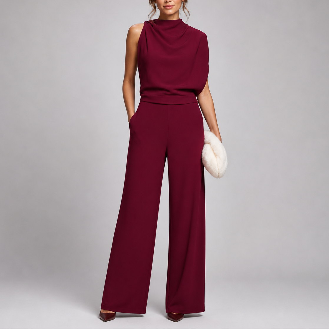 Rosalba | Sleeveless High Neck Jumpsuit with Wide Legs – Red