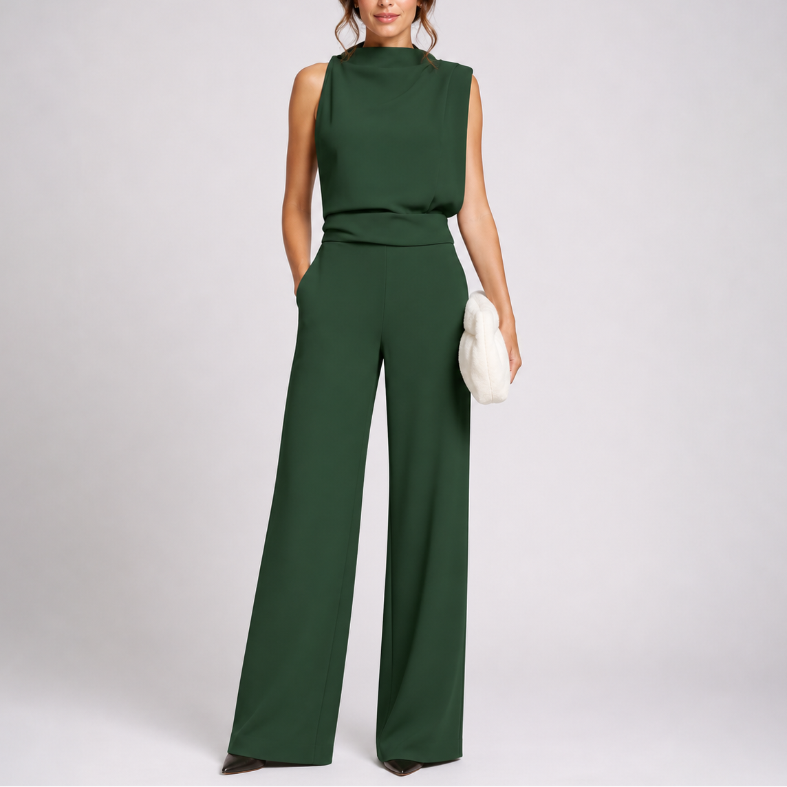 Rosalba | Sleeveless High Neck Jumpsuit with Wide Legs – Green
