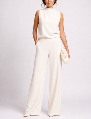 Rosalba | Sleeveless High Neck Jumpsuit with Wide Legs – White