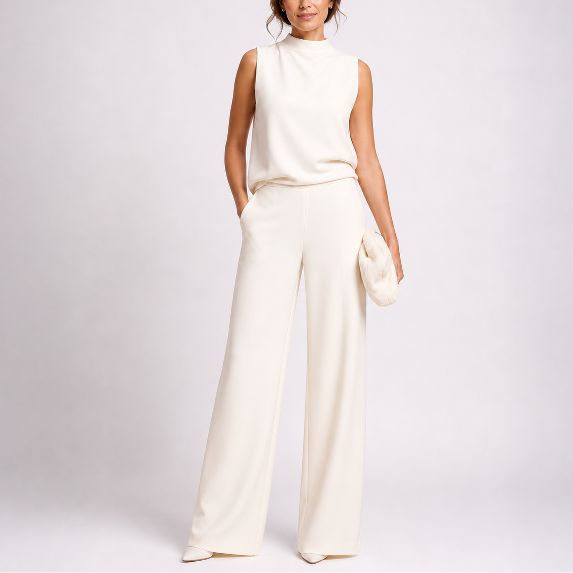 Rosalba | Sleeveless High Neck Jumpsuit with Wide Legs – White