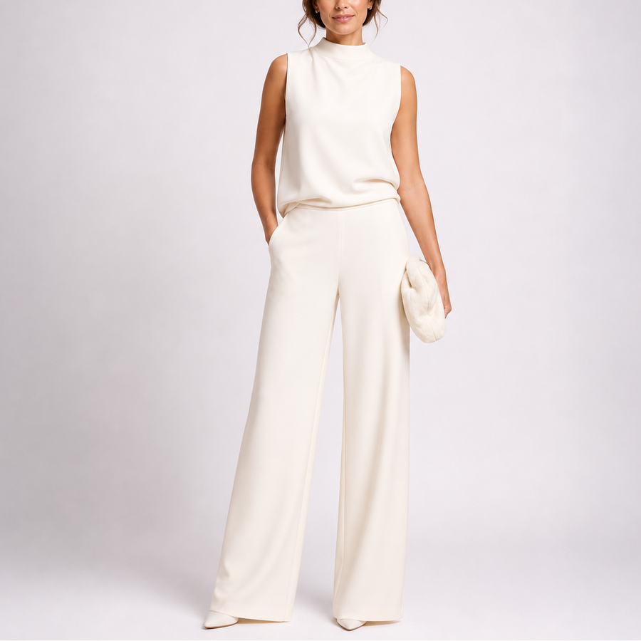 Rosalba | Sleeveless High Neck Jumpsuit with Wide Legs – White