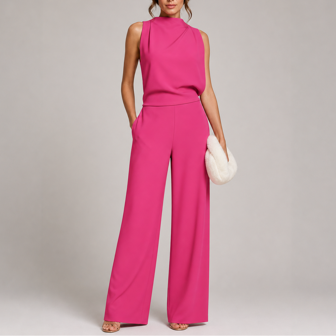 Rosalba | Sleeveless High Neck Jumpsuit with Wide Legs – Pink